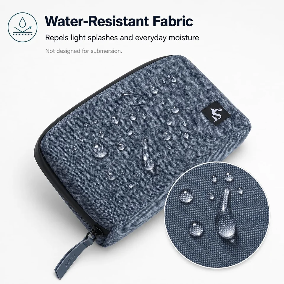 Water droplets on blue polyester fabric